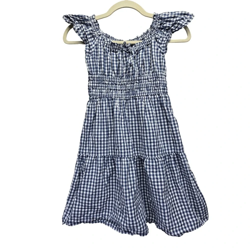 Gap Kids Blue Gingham Smocked Flutter Sleeve Tiered Dress Size Small 6/7 Kidcore